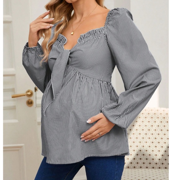 Maternity Stripes Ruffle Detail Long Sleeve Peplum Blouse - Picture 3 of 7